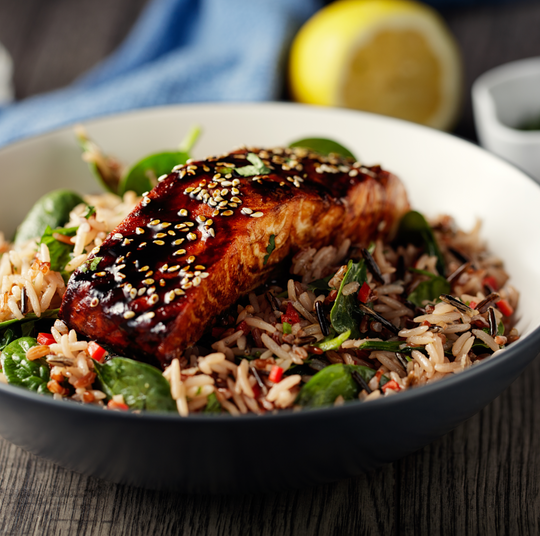 GRILLED TERIYAKI SALMON WITH WILD RICE FOR TWO