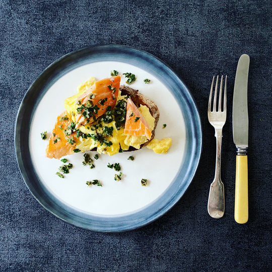 HOT SMOKED SALMON WITH SCRAMBLED EGGS AND CAPER-SHALLOT SALSA