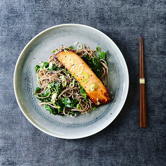 MISO SALMON FILLETS WITH GINGER-GARLIC SOBA NOODLES AND GREENS